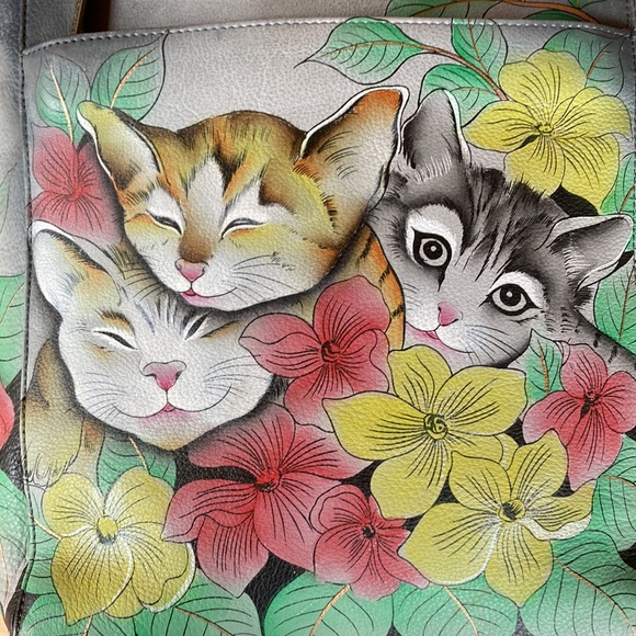 Anuschka Kitten Bag Gray Leather Hand Painted Cats and Flowers - Picture 8 of 14